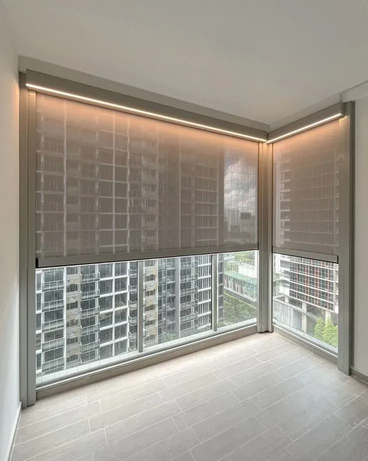 Motorized roller shades on tall Smith Valley windows